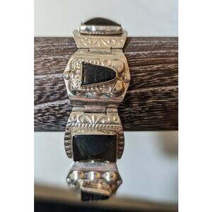 Vintage Taxco Mexico Black Onyx Alpaca Silver Carved Aztec Mask Bracelet